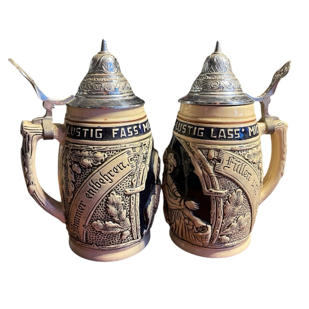 Vintage | Ceramic pewter lidded German beer steins